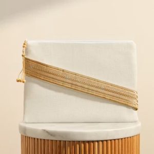 Wrth Saudi Bisht white luxury handcrafted women bag with golden strands by Salman Alhamed